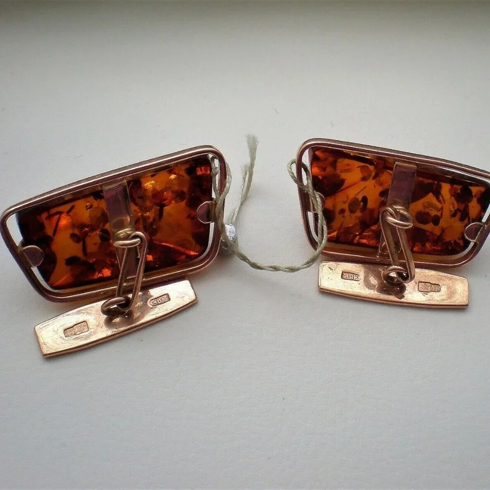 Vintage Russian Russia USSR NEW OLD STOCK 14K 583 Rose Pink Gold Amber Cufflinks
